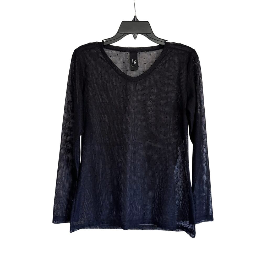 IGOR DOBRANIC Black Mesh Polka Dot Long Sleeve Shirt Blouse Medium M
